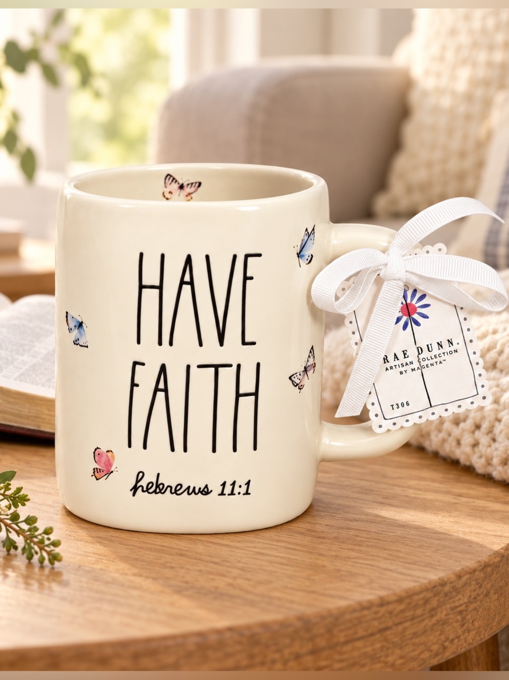 Rae Dunn Have Faith Ceramic Mug with Butterfly Accents